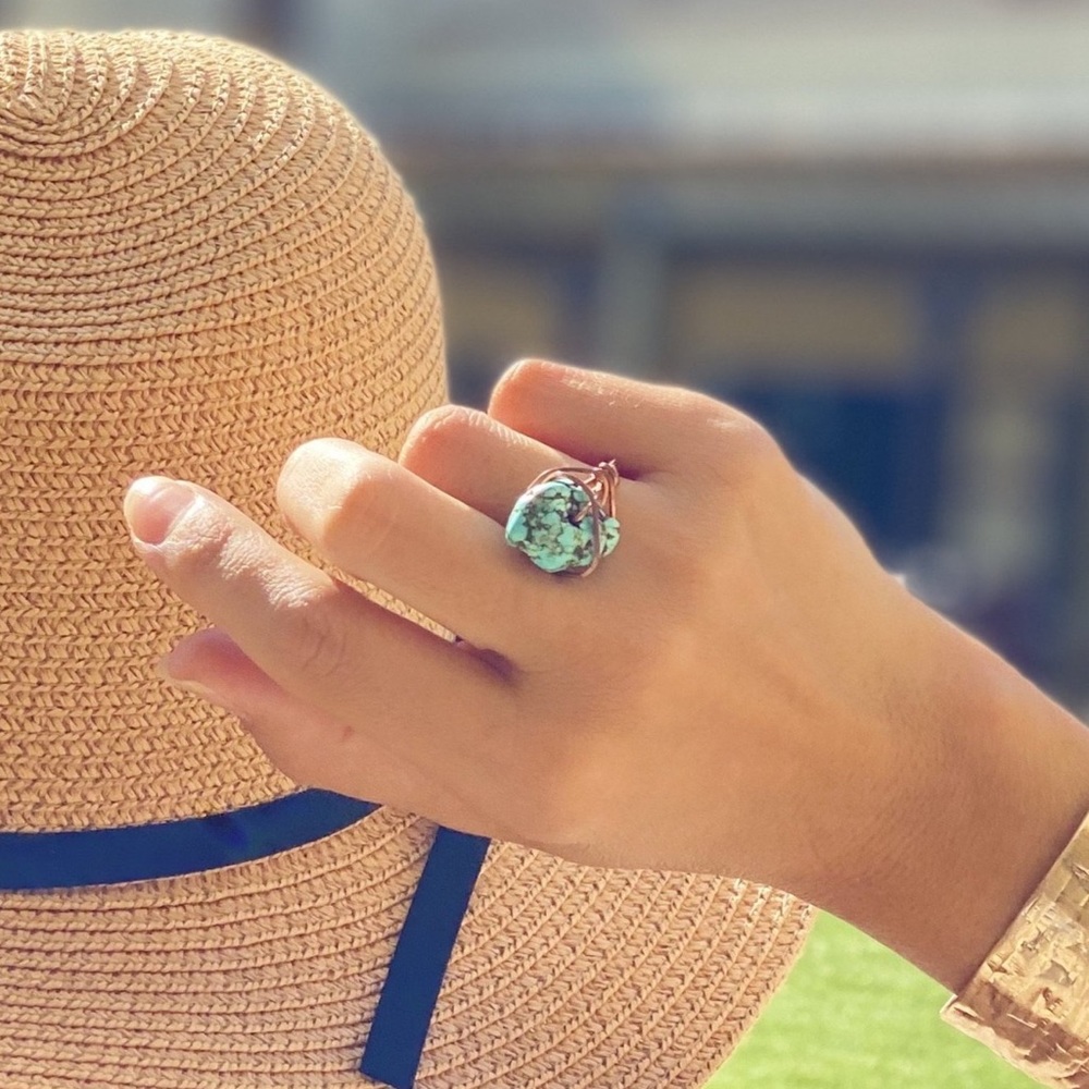 STATEMENT BOHEMIAN STONE WIRE RING COPPER/ROUND - Picture 2 of 7